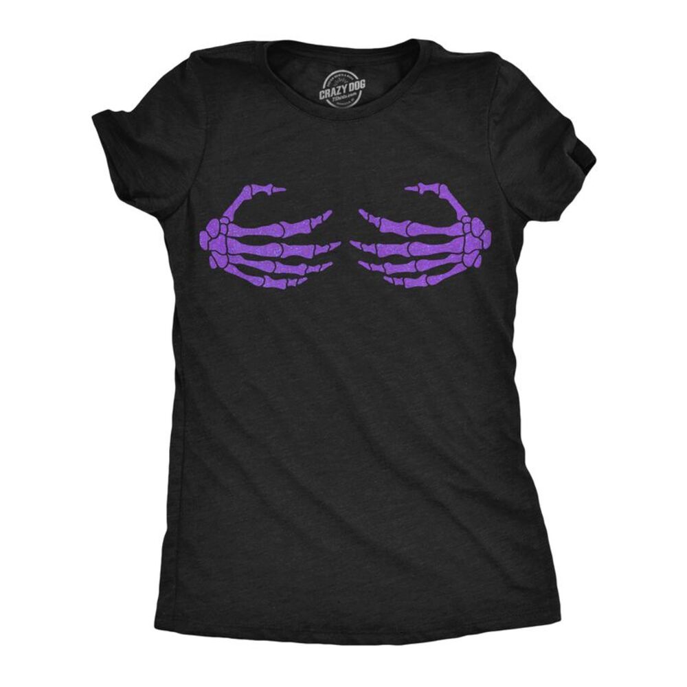 Womens T Shirt Glitter Skeleton Hands Boobs Halloween Tee For Ladies